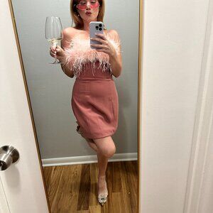 HOUSE OF CB Alexa Feather Strapless Minidress in Warm Pink, Size Small